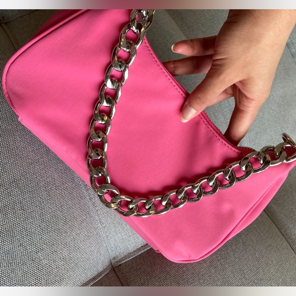 Nylon Curved 90s Shoulder Bag Purse Handbag with Silver Chain Strap Pink - Picture 6 of 12
